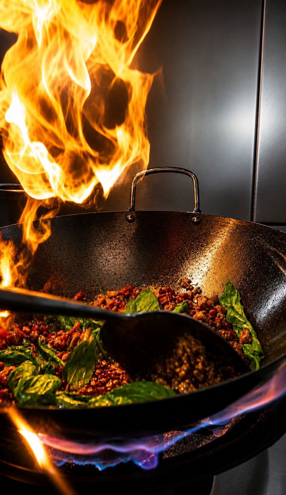 Basil stir-fry over a flaming wok in the WonderlanD kitchen